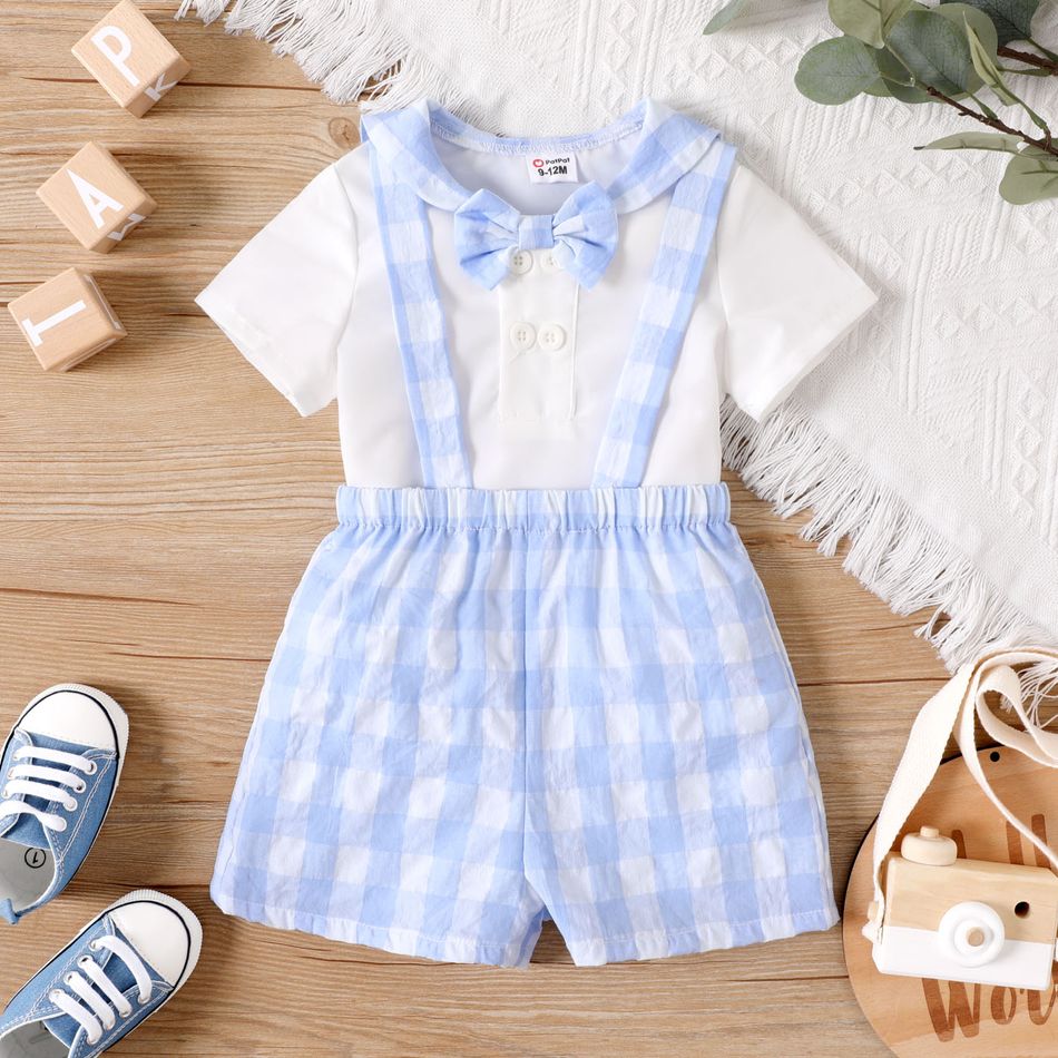 2pcs Baby Boy Preppy Style Short-sleeve Bow Tie Top and Plaid Suspender Shorts Set BLUEWHITE