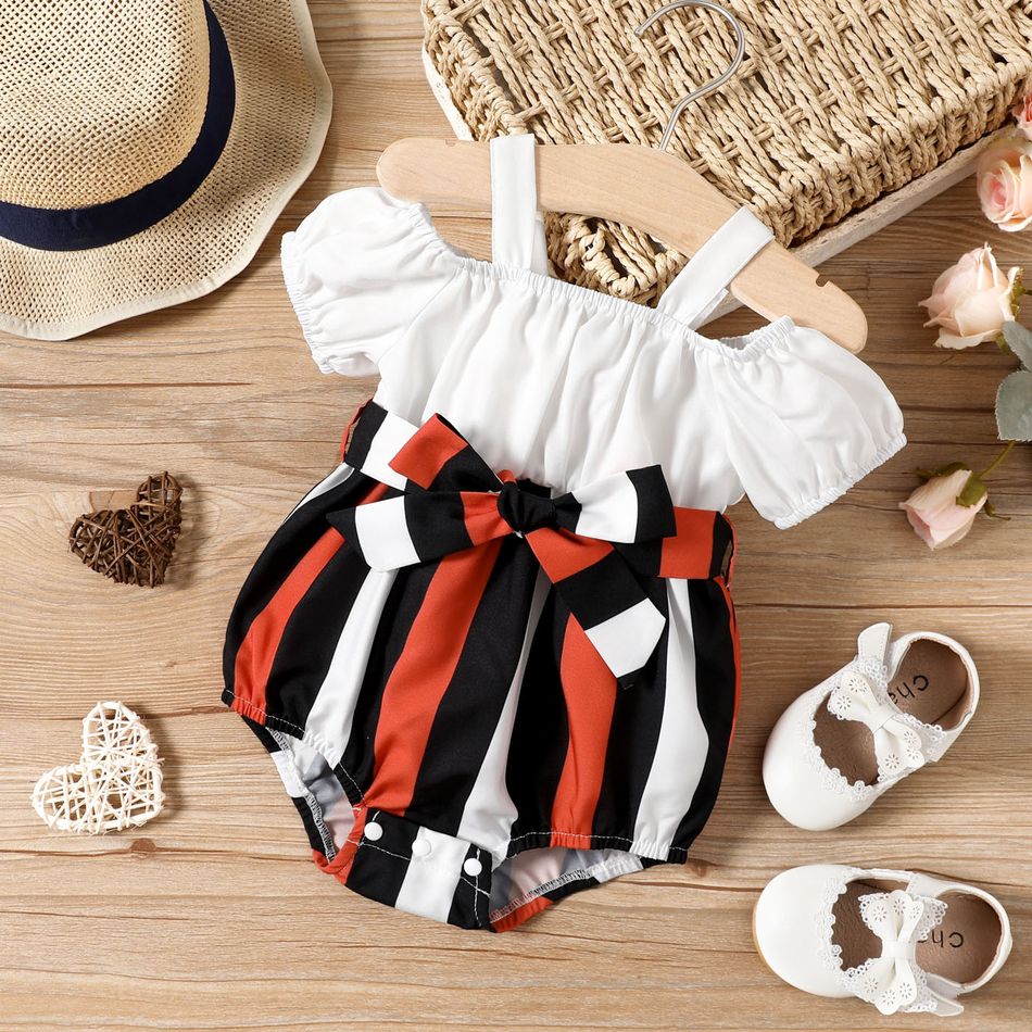 Baby Girl Solid and Striped Splicing Cold Shoulder Puff-sleeve Romper Color block