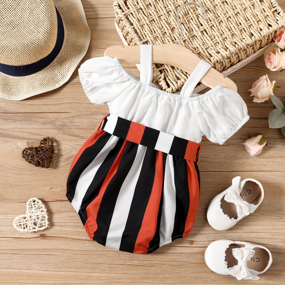Baby Girl Solid and Striped Splicing Cold Shoulder Puff-sleeve Romper Color block big image 2