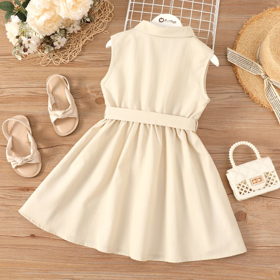 Kid Girl Solid Color Doll Collar Button Design Sleeveless Belted Dress OffWhite big image 2
