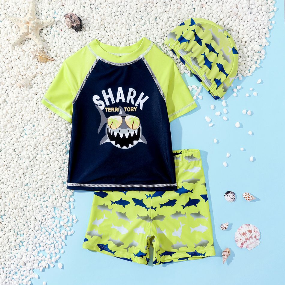 3pcs Toddler Boy Playful Shark Print Swimsuit and Cap Set LUMINOUSYELLOW