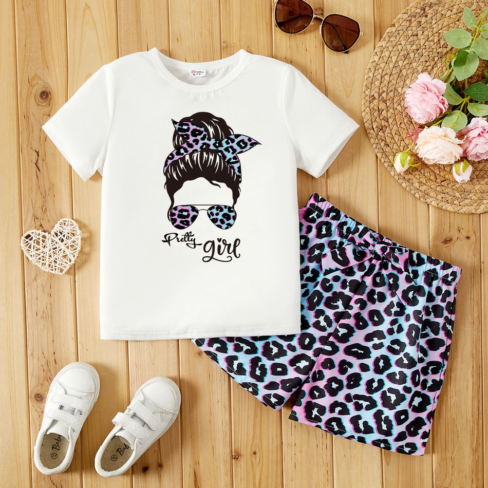 2pcs Kid Girl Figure Cartoon Print Short-sleeve White Tee and Gradient Color Bowknot Leopard Print Shorts Set Ombre