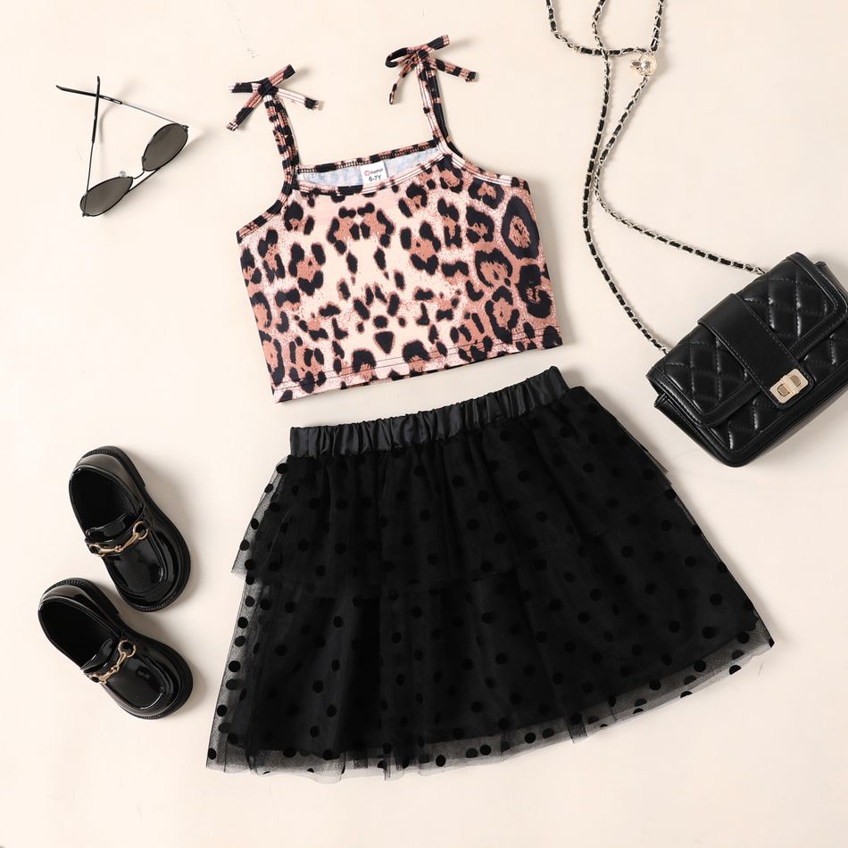 2pcs Kid Girl Leopard Print Bowknot Design Camisole and Polka dots Black Mesh Skirt Set Black