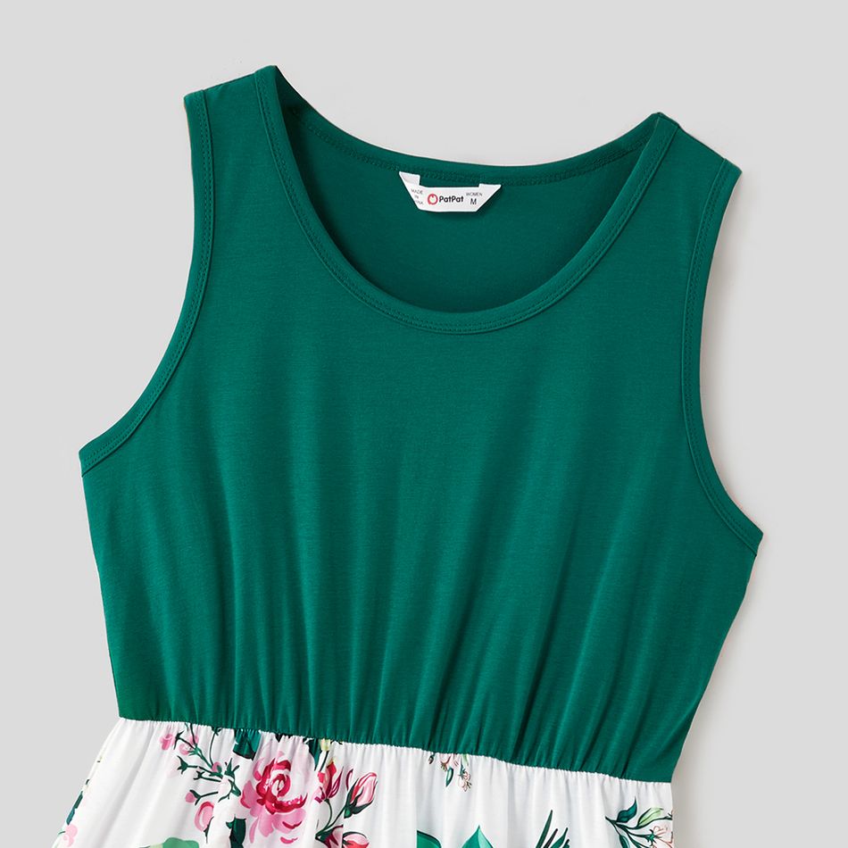 Family Matching Solid Splicing Floral Print Tank Dresses and Colorblock Short-sleeve Polo Shirts Sets blackishgreen big image 3