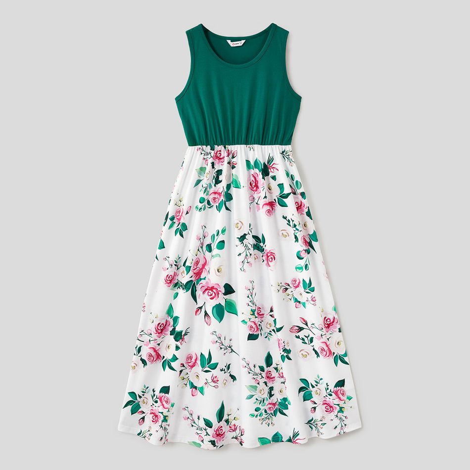 Family Matching Solid Splicing Floral Print Tank Dresses and Colorblock Short-sleeve Polo Shirts Sets blackishgreen big image 2