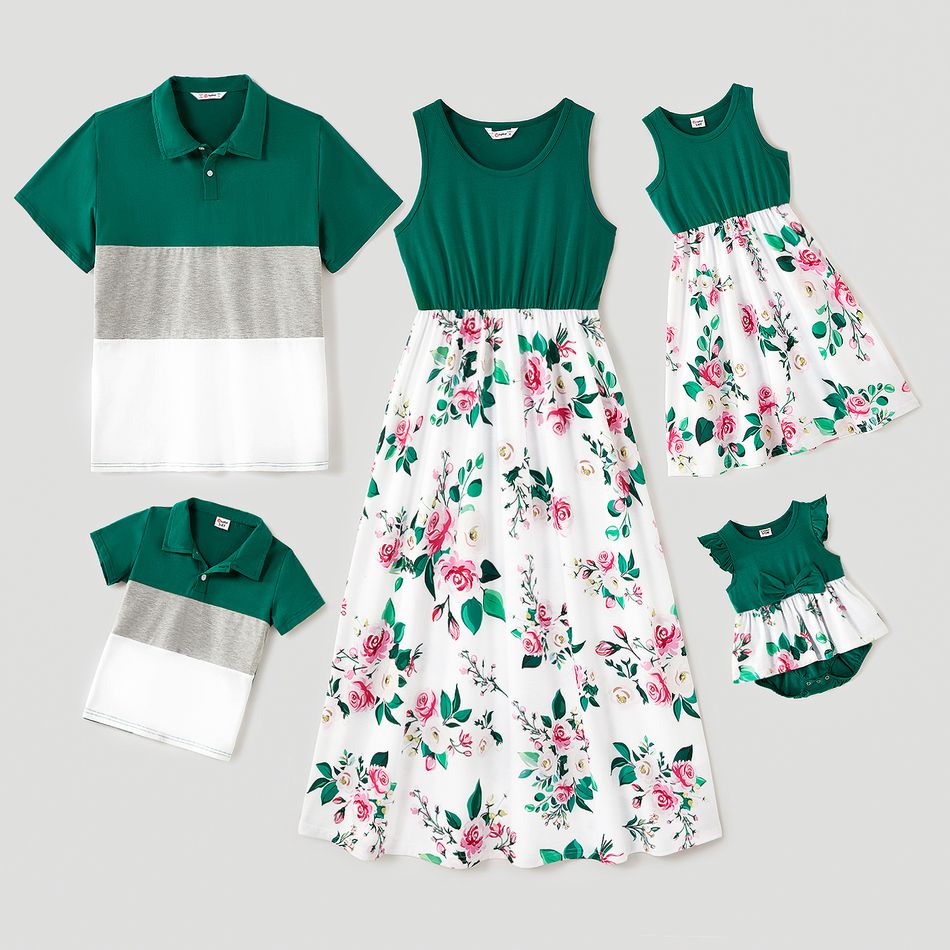 Family Matching Solid Splicing Floral Print Tank Dresses and Colorblock Short-sleeve Polo Shirts Sets blackishgreen big image 1