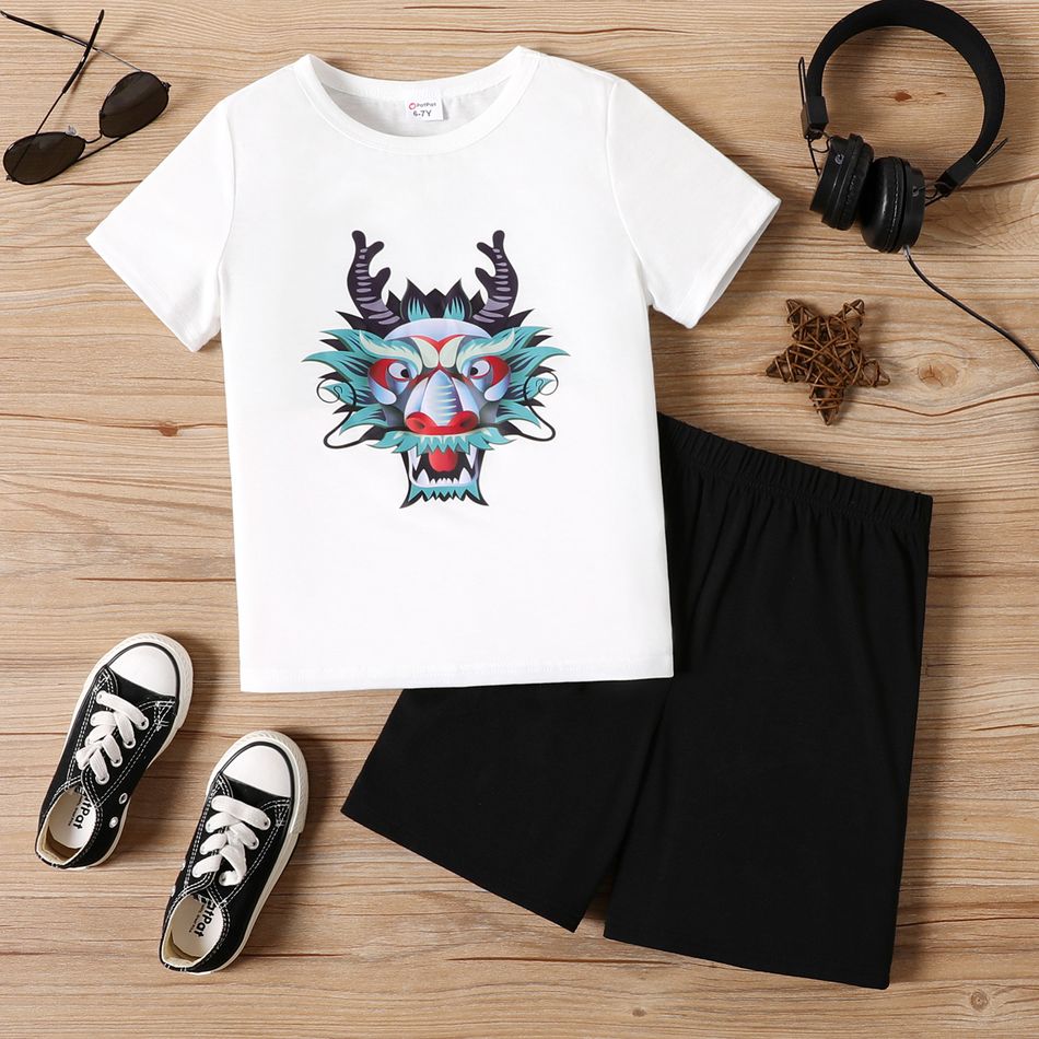 2pcs Kid Boy Animal Dragon Print Short-sleeve White Tee and Black Shorts Set BlackandWhite