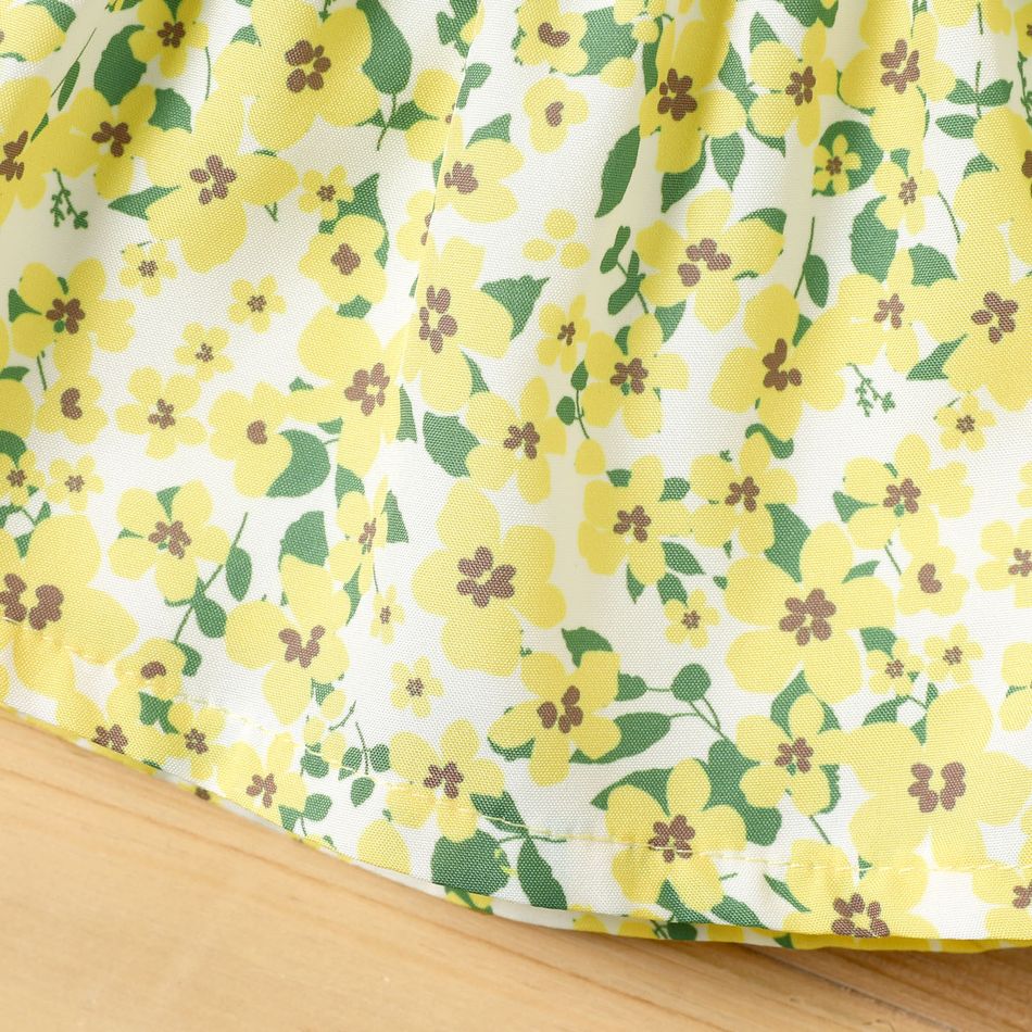 2 قطع طفلة الأزهار طباعة السباغيتي حزام من أعلى مدبب ومجموعة السراويل السراويل الصلبة الأصفر big image 4