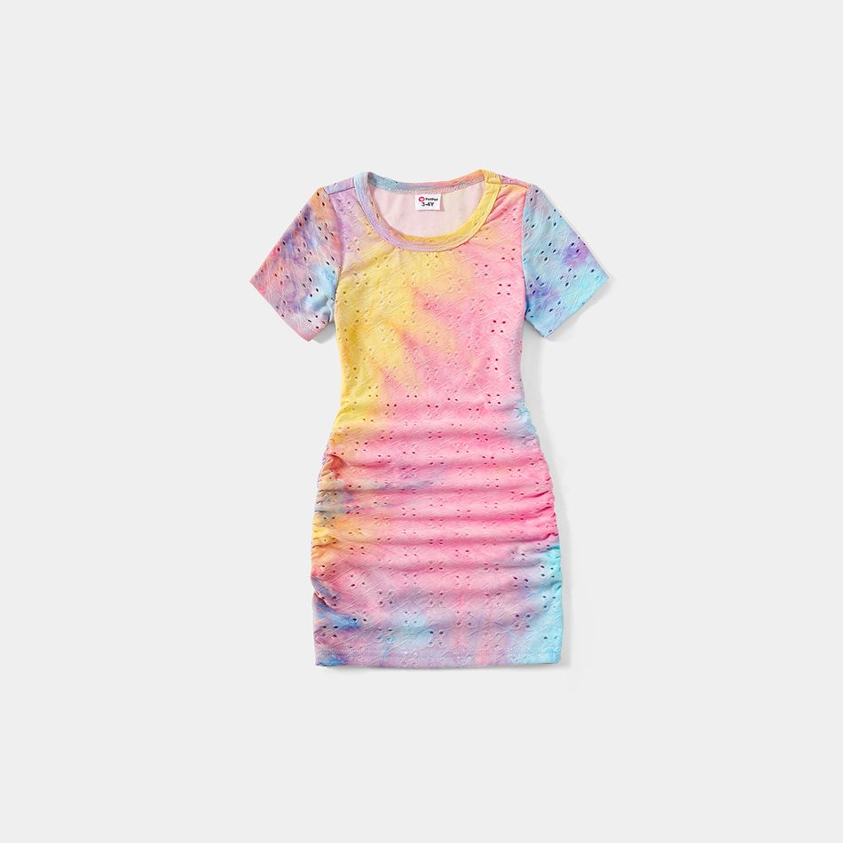 Family Matching Hollow Out Tie Dye Short-sleeve Drawstring Ruched Bodycon Dresses and Colorblock T-shirts Sets ColorBlock big image 5