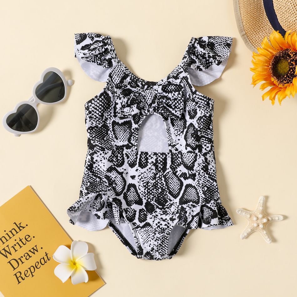 Baby Girl All Over Print Ruffle Spaghetti Strap Hollow Out One-Piece Swimsuit BlackandWhite