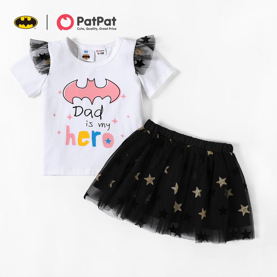 Batman 2pcs Baby Girl 95% Cotton Short-sleeve Graphic Top and Glitter Stars Mesh Skirt Set Black