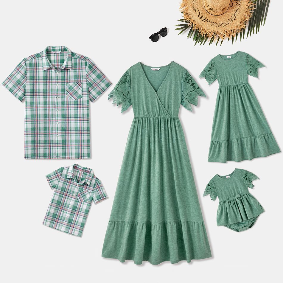 Family Matching Green V Neck Lace Short-sleeve Dresses and Plaid Button Up Shirts Sets Viridescence