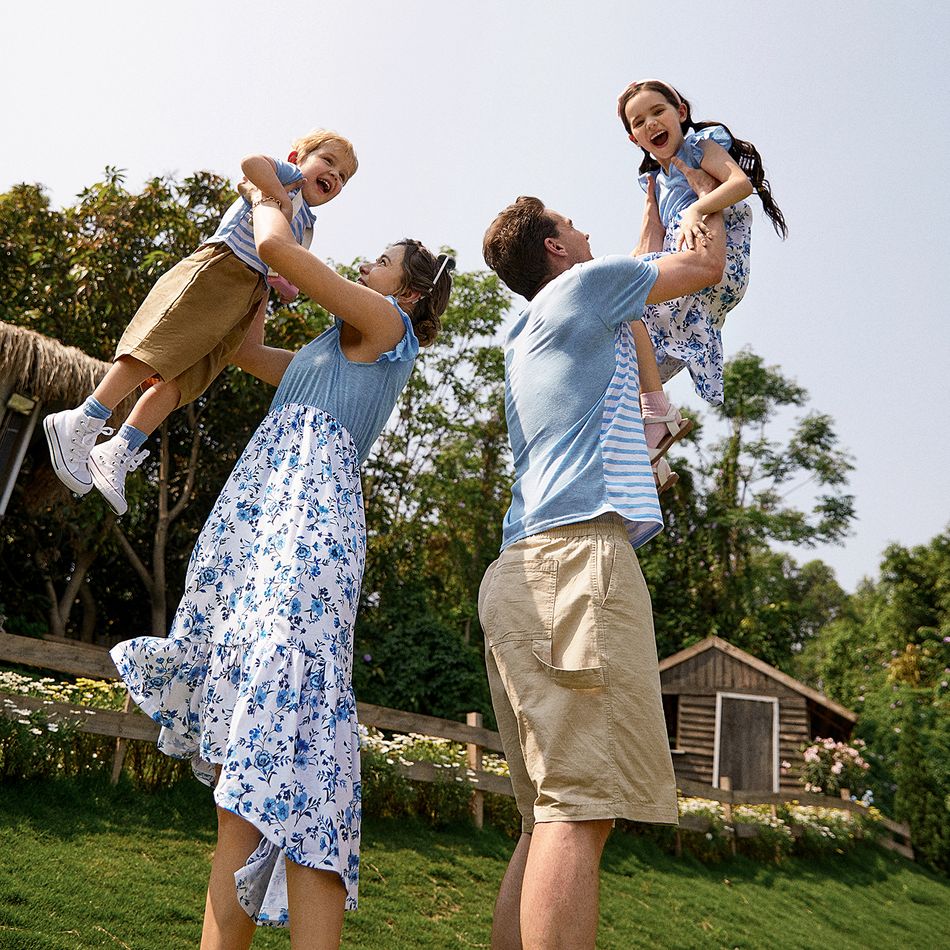 Family Matching Light Blue V Neck Flutter-sleeve Splicing Floral Print Irregular Hem Dresses and Striped T-shirts Sets Light Blue big image 4