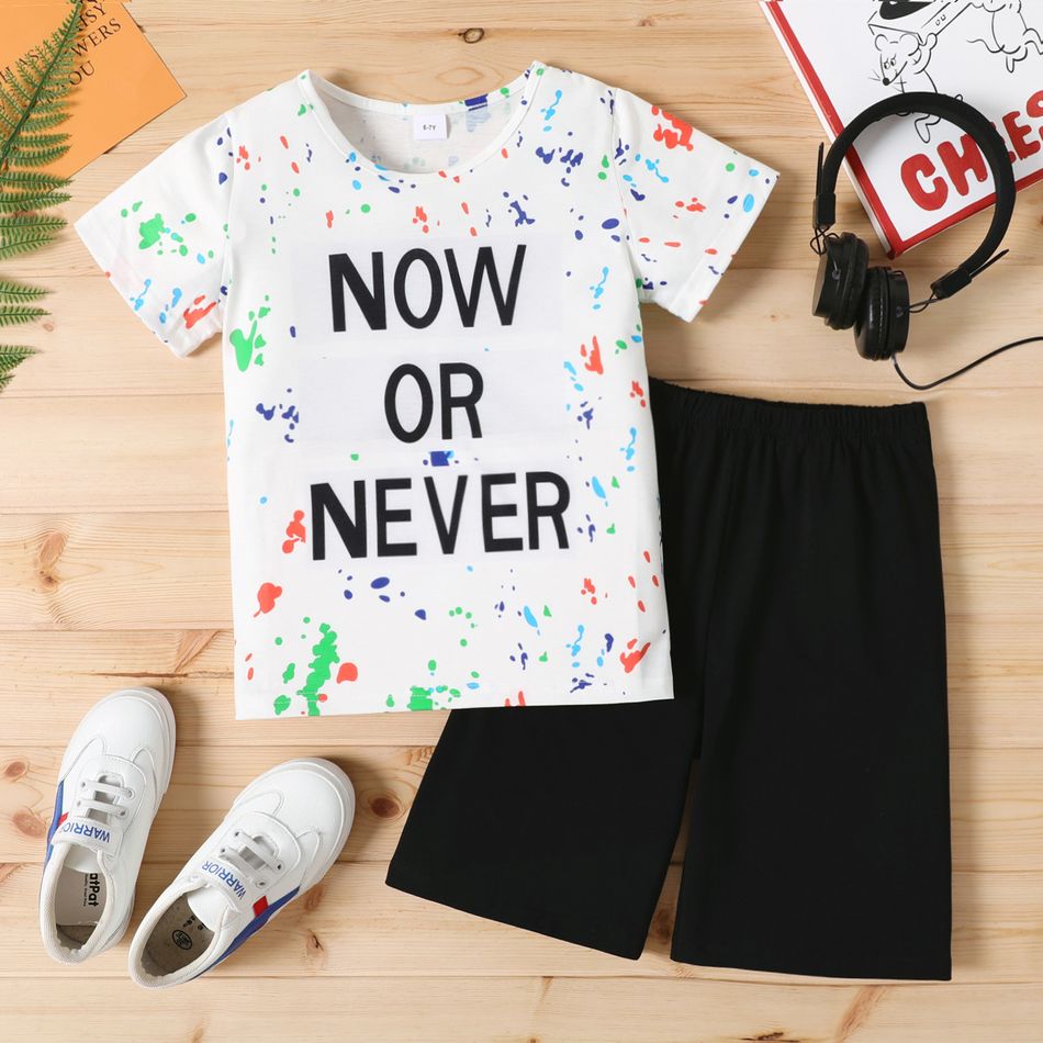 2pcs Kid Boy Letter Painting Print Short-sleeve Tee and Black Shorts Set White