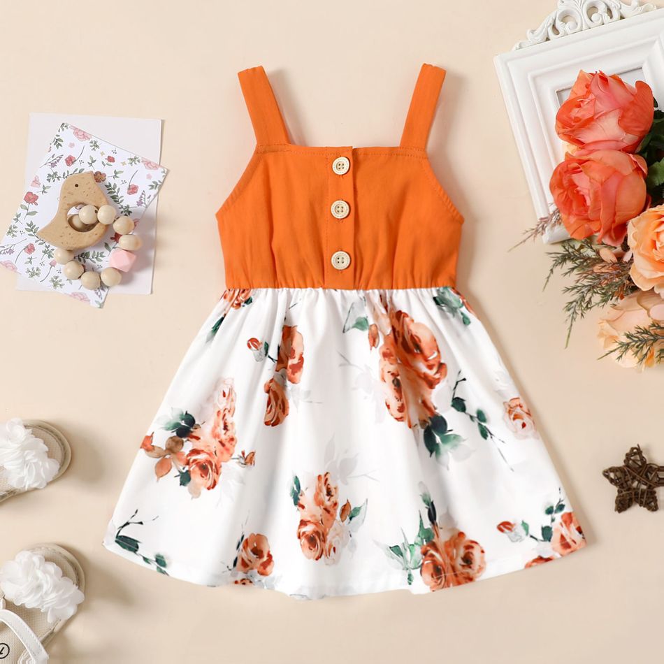 Baby Girl 100% Cotton Sleeveless Button Up Splicing Floral Print Dress ColorBlock