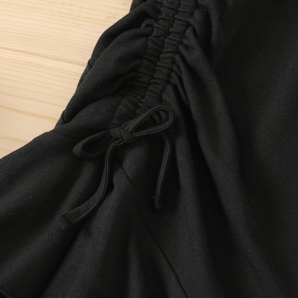 Kid Girl Solid Color Ruched Bowknot Design Short-sleeve Dress Black big image 5