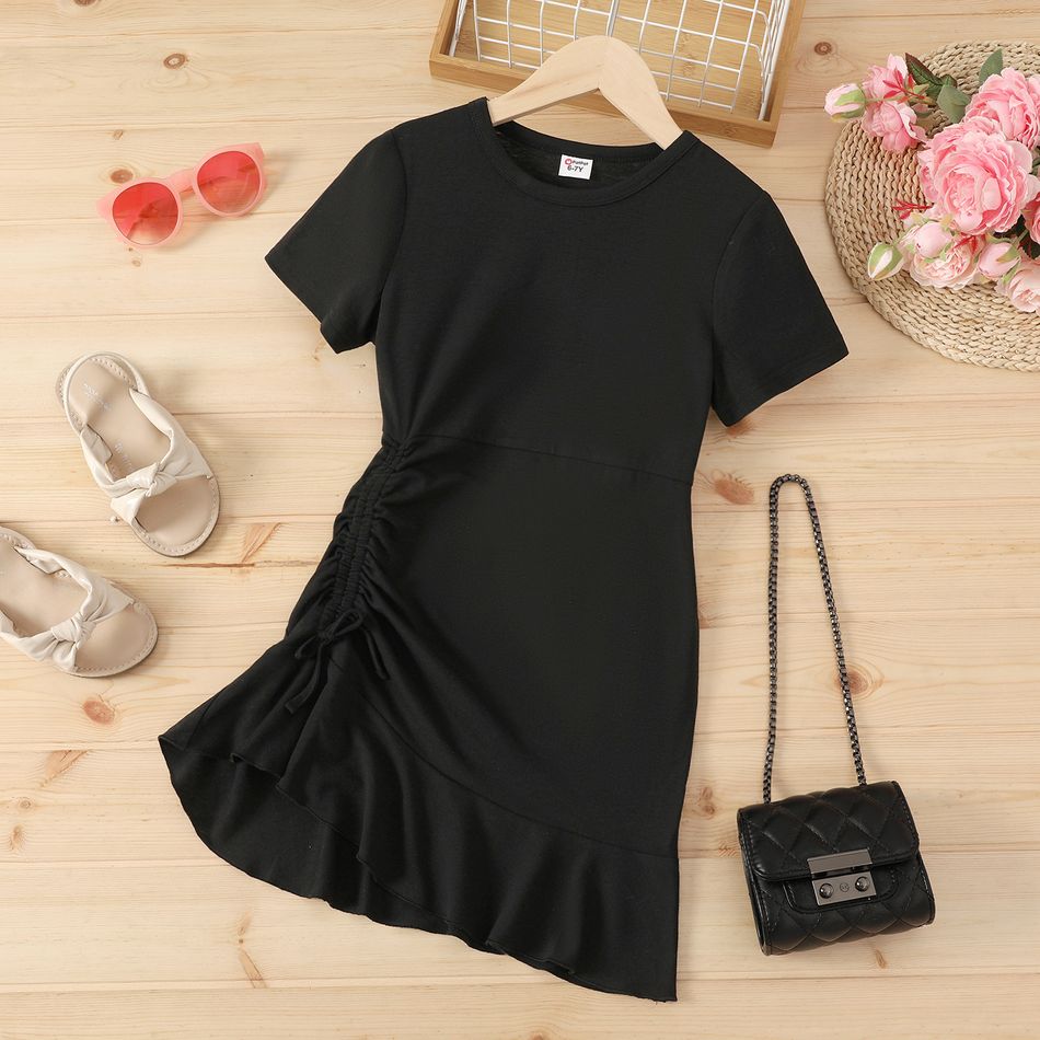 Kid Girl Solid Color Ruched Bowknot Design Short-sleeve Dress Black