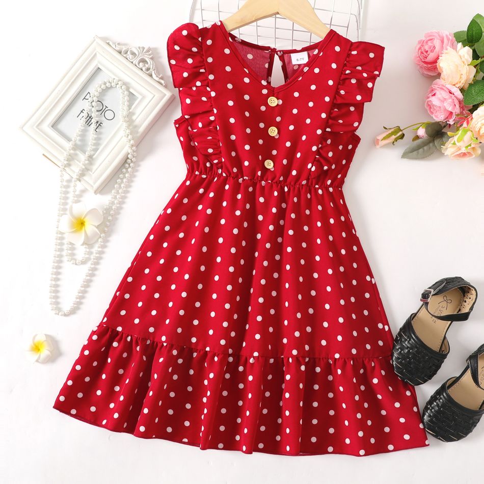 Kid Girl Polka dots Ruffled Button Design Sleeveless Dress Burgundy
