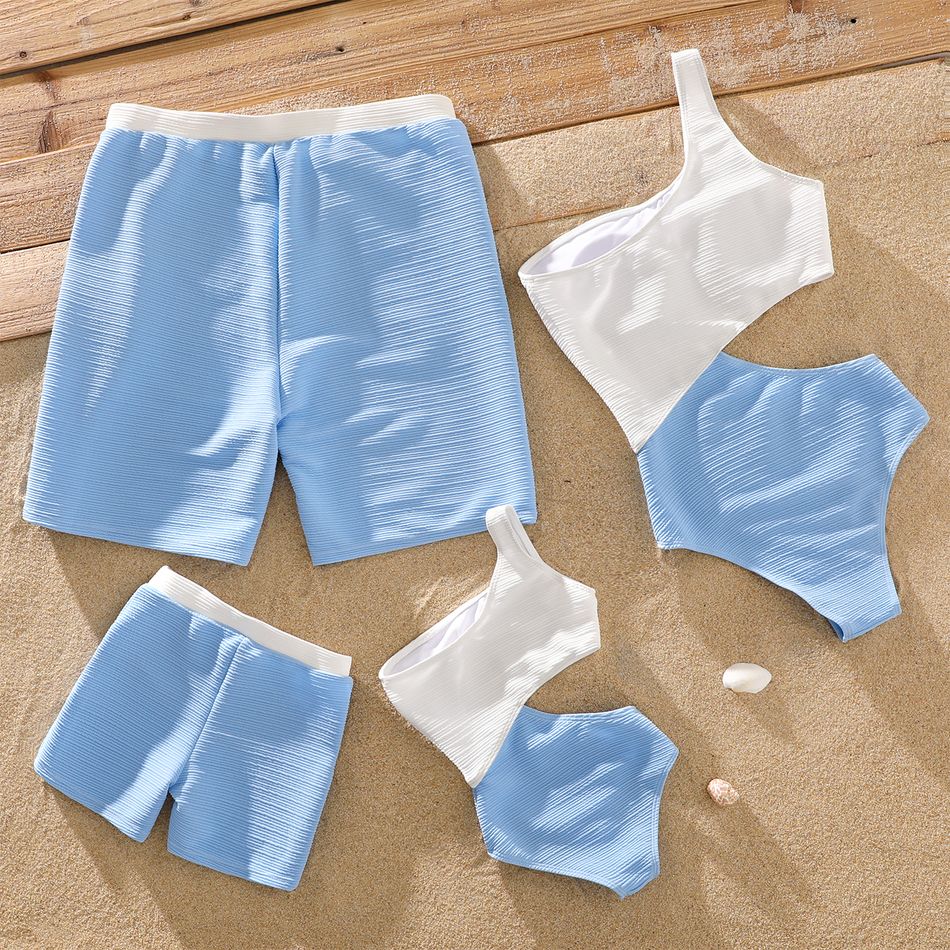 Family Matching Colorblock Splicing One Shoulder Hollow Out Textured One-Piece Swimsuit and Swim Trunks Shorts BLUEWHITE big image 2
