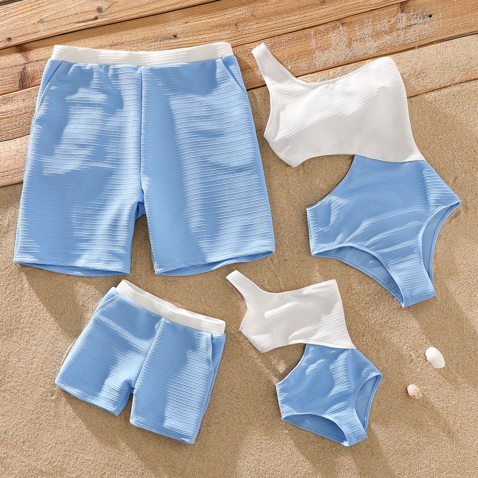 Family Matching Colorblock Splicing One Shoulder Hollow Out Textured One-Piece Swimsuit and Swim Trunks Shorts BLUEWHITE big image 1