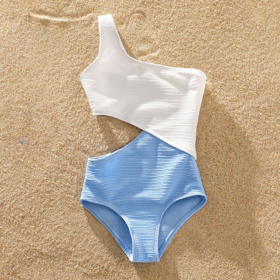 Family Matching Colorblock Splicing One Shoulder Hollow Out Textured One-Piece Swimsuit and Swim Trunks Shorts BLUEWHITE big image 7