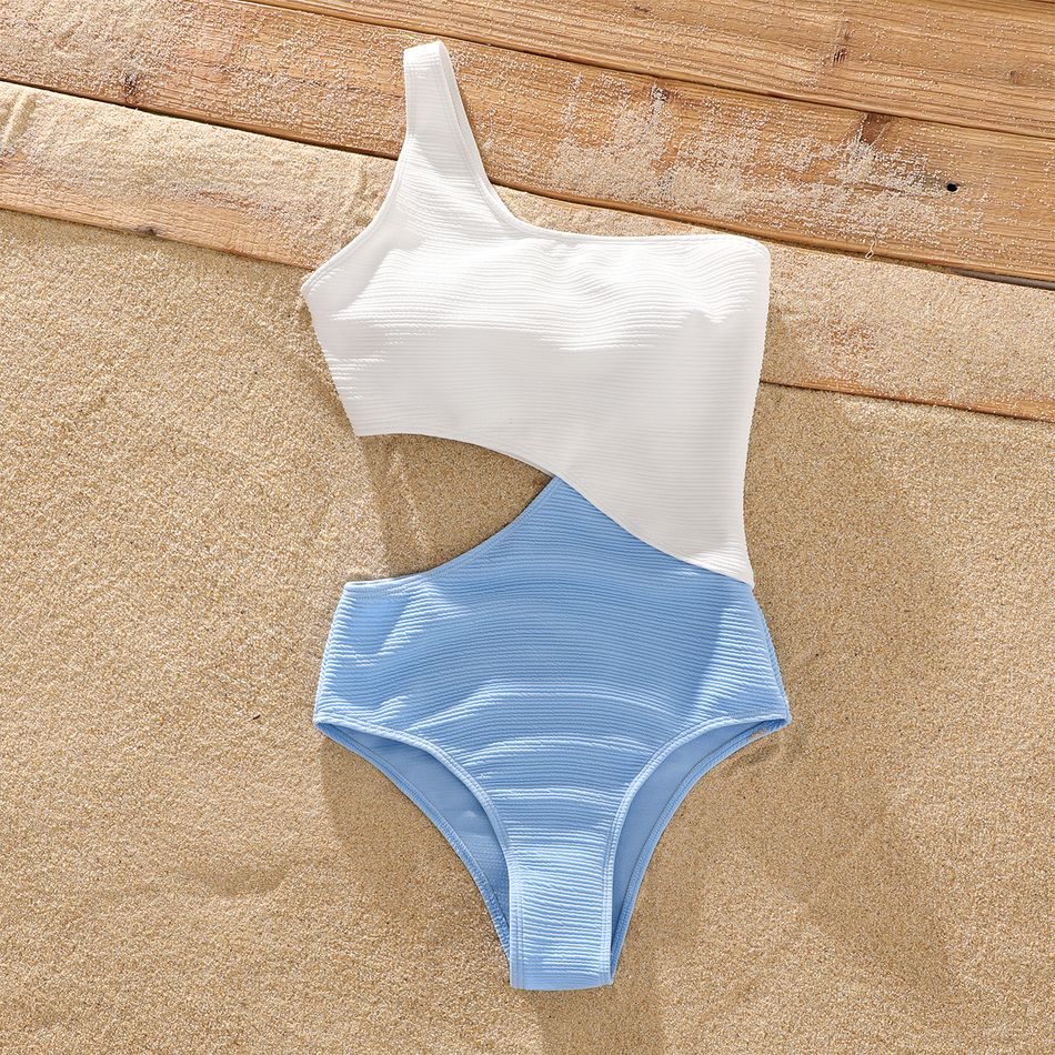Family Matching Colorblock Splicing One Shoulder Hollow Out Textured One-Piece Swimsuit and Swim Trunks Shorts BLUEWHITE big image 3