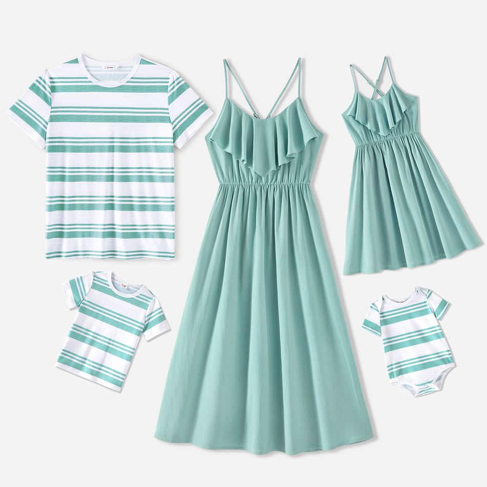 Family Matching 100% Cotton Solid Flounce Cami Dresses and Striped Short-sleeve T-shirts Sets PinkGreen