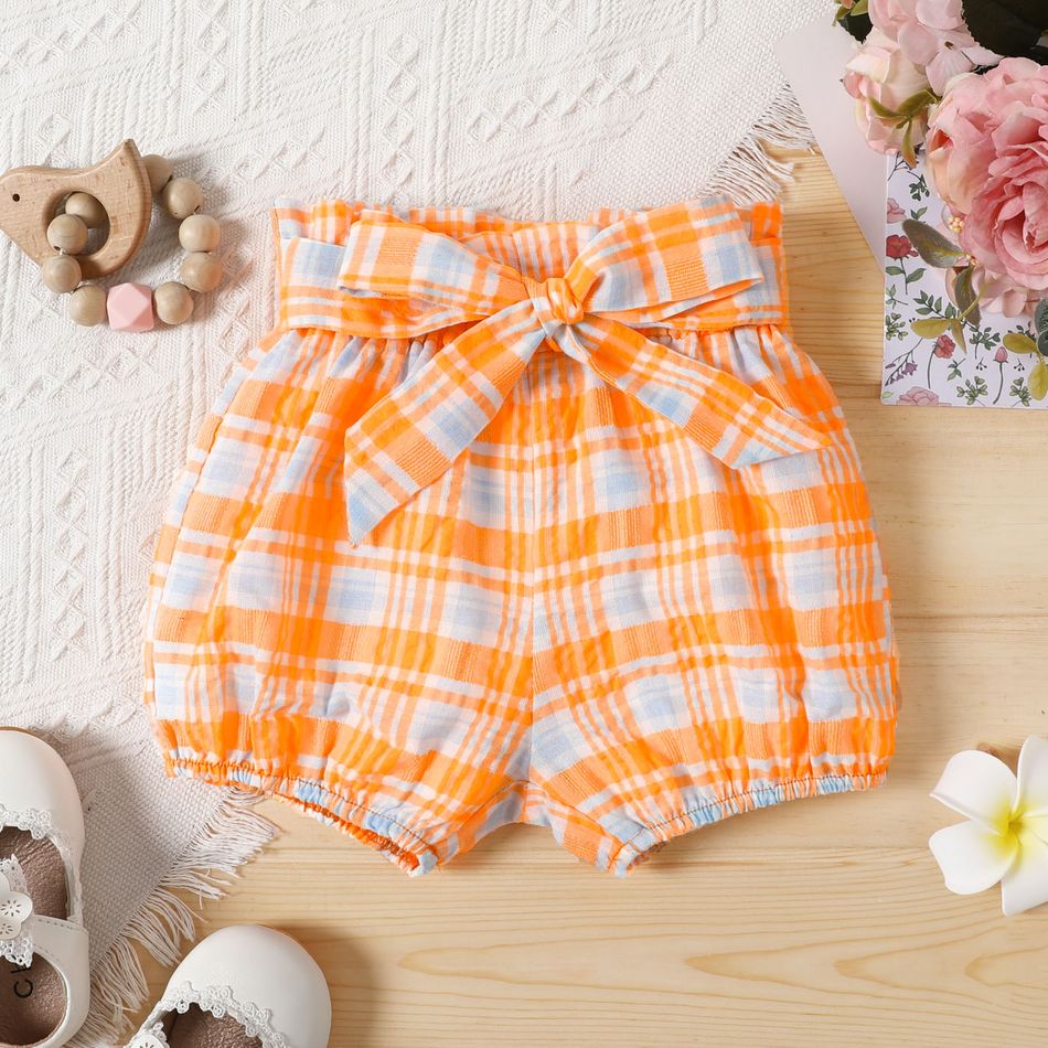 100% Cotton Baby Girl Plaid Knot Front Textured Shorts Orange