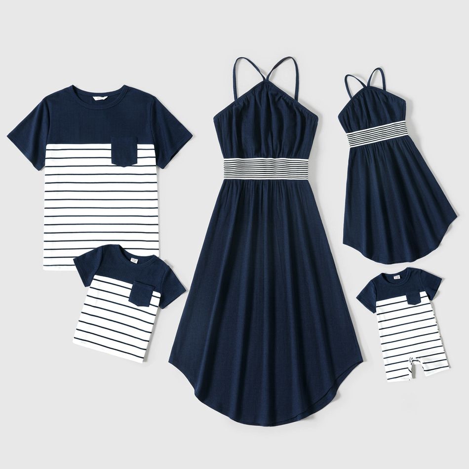 Family Matching Solid Spaghetti Strap Dresses and Striped Colorblock Short-sleeve T-shirts Sets Tibetanblue