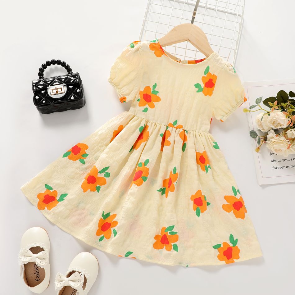 Ray Of Sunshine Toddler Girl 100% Cotton Floral Allover Short-sleeve Beige Dress Beige
