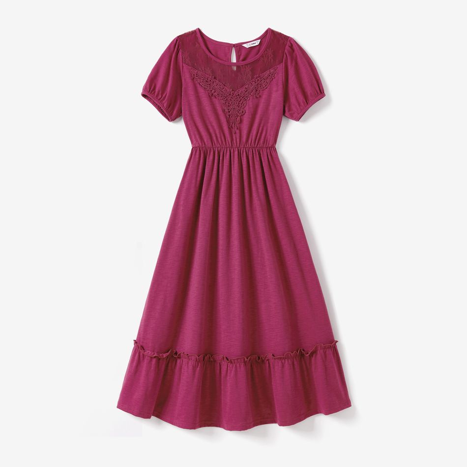 Family Matching Solid Puff-sleeve Lace Design Ruffle Hem Dresses and Raglan-sleeve T-shirts Sets Purple big image 3