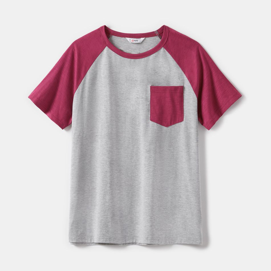 Family Matching Solid Puff-sleeve Lace Design Ruffle Hem Dresses and Raglan-sleeve T-shirts Sets Purple big image 5
