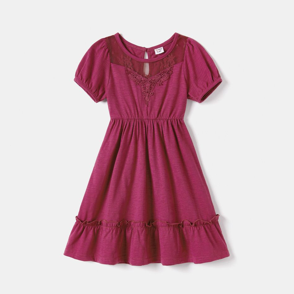 Family Matching Solid Puff-sleeve Lace Design Ruffle Hem Dresses and Raglan-sleeve T-shirts Sets Purple big image 2