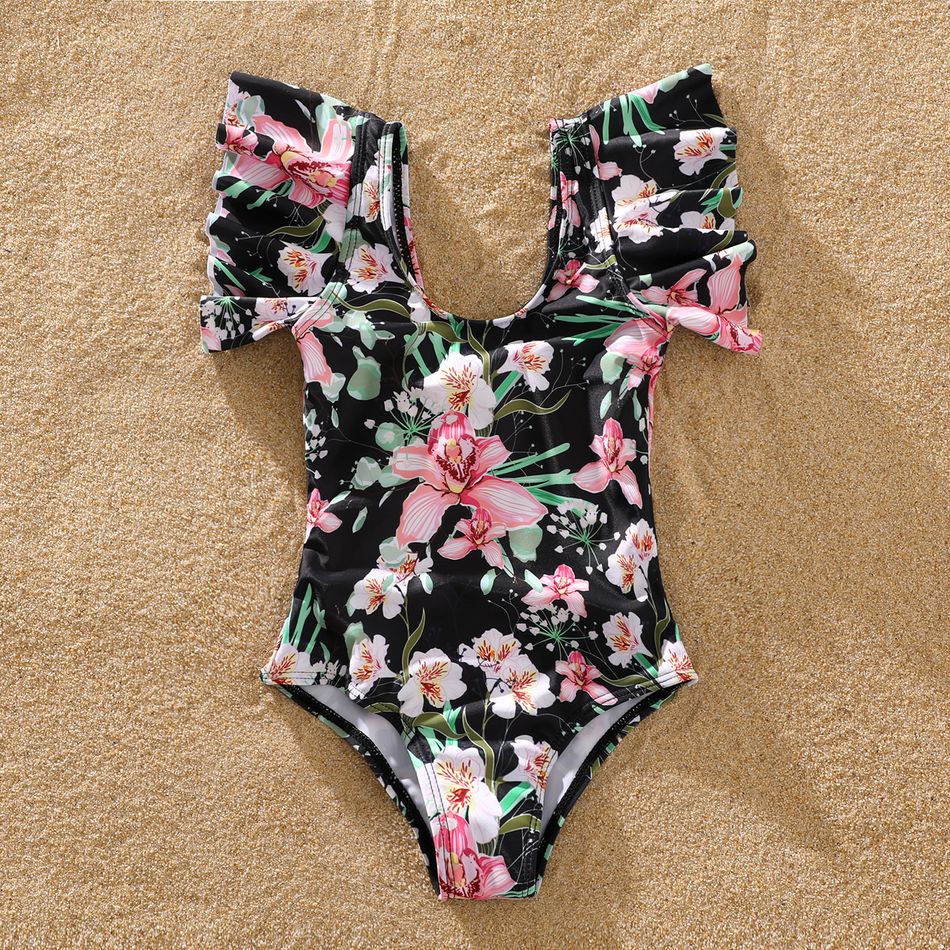 Family Matching Allover Floral Print Swim Trunks Shorts and Ruffle-sleeve Belted One-Piece Swimsuit Light Pink big image 9