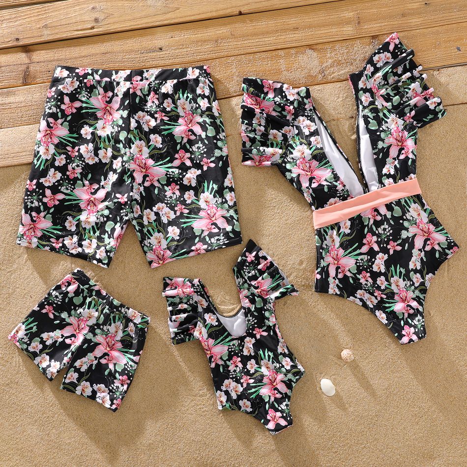 Family Matching Allover Floral Print Swim Trunks Shorts and Ruffle-sleeve Belted One-Piece Swimsuit Light Pink big image 6