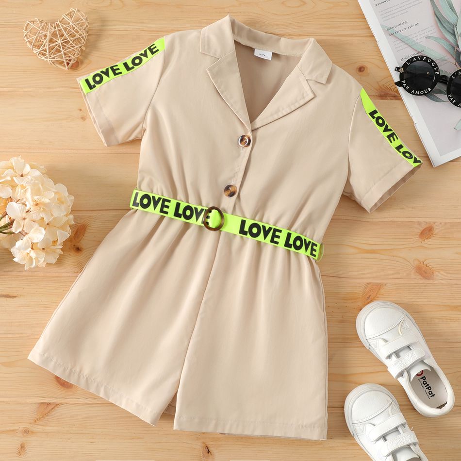 Kid Girl Letter Print Lapel Collar Button Design Short-sleeve Rompers Apricot