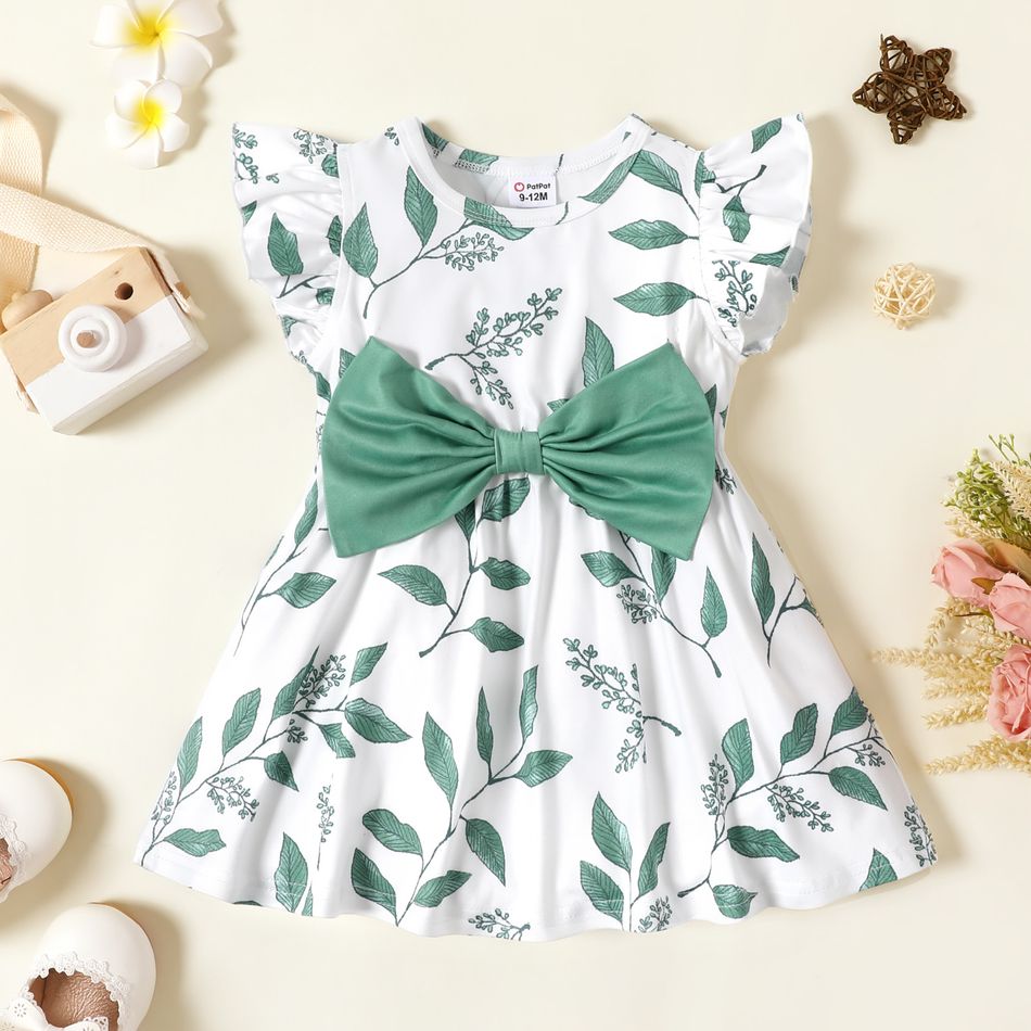 Baby Girl Bow Front All Over Leaf Print Flutter-sleeve Dress greenwhite