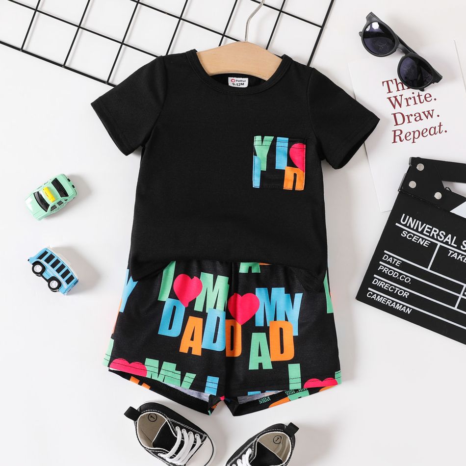 Father's Day 2pcs Baby Boy Short-sleeve T-shirt and All Over Love Heart Letter Print Shorts Set Colorful