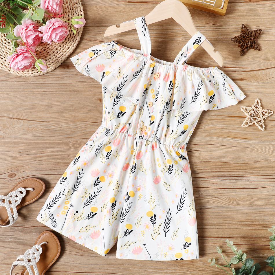 Kid Girl Floral Print Flounce Off Shoulder Button Design Strap Rompers White