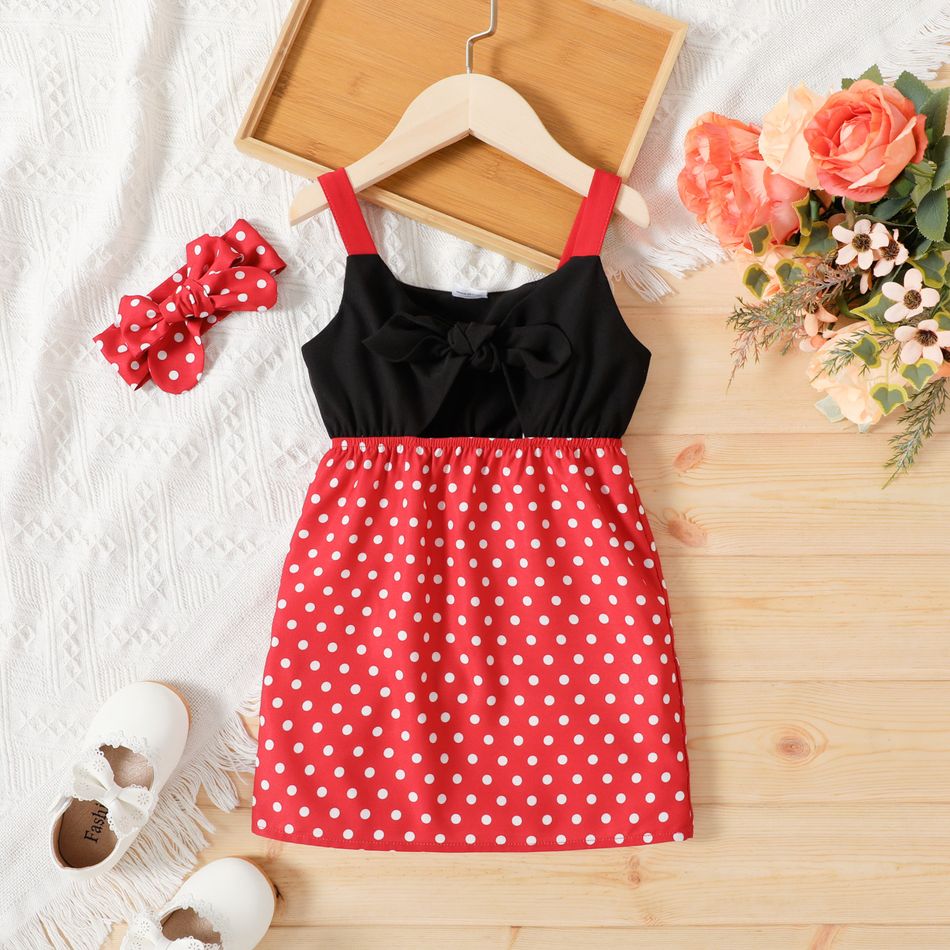2pcs Toddler Girl Bowknot Design Cut Out Polka dots Splice Cami Dress and Headband Set redblack
