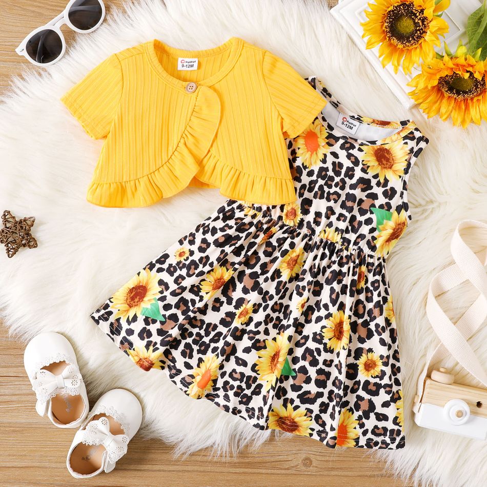 2pcs Baby Girl Yellow Ribbed Short-sleeve Ruffle Cardigan and Sunflower Leopard Sleeveless Dress Set Yellow