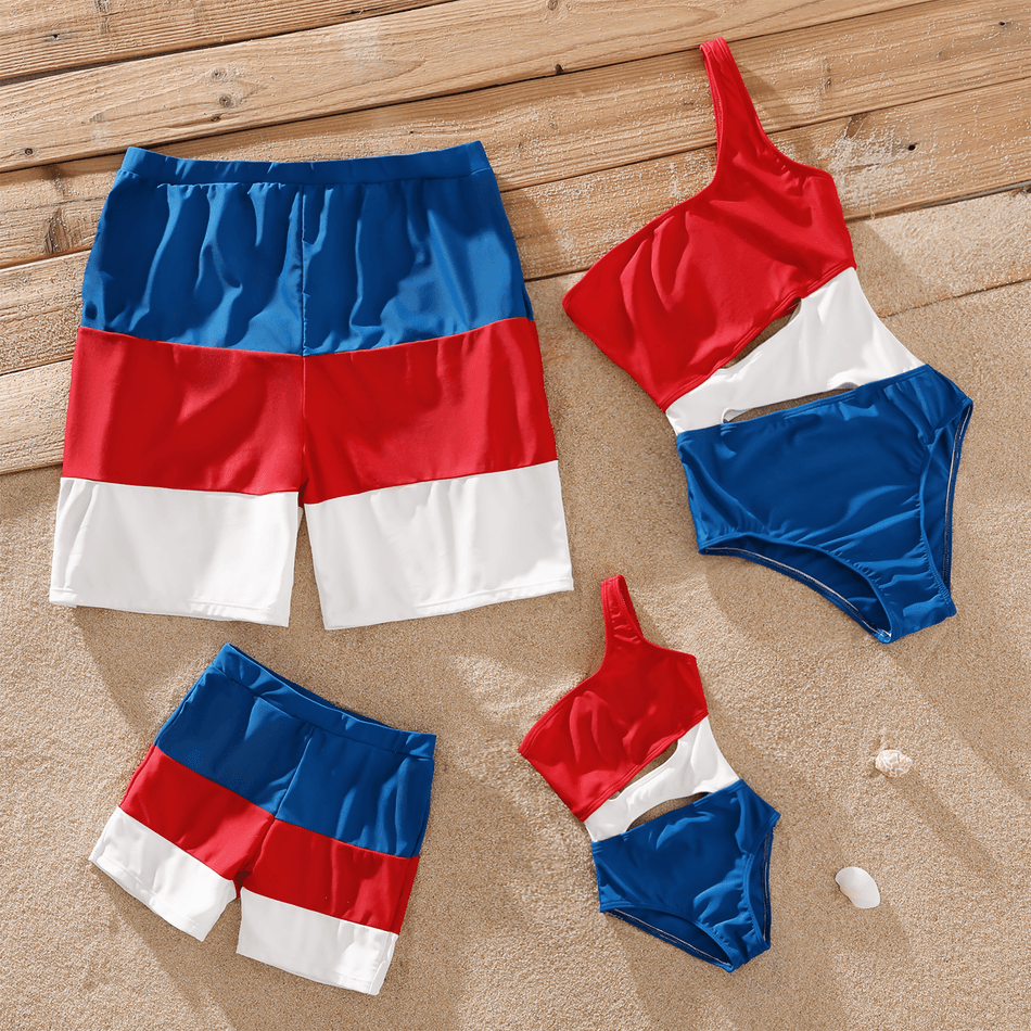 Family Matching Colorblock One Shoulder One-Piece Swimsuit and Swim Trunks Shorts Dark blue/White/Red