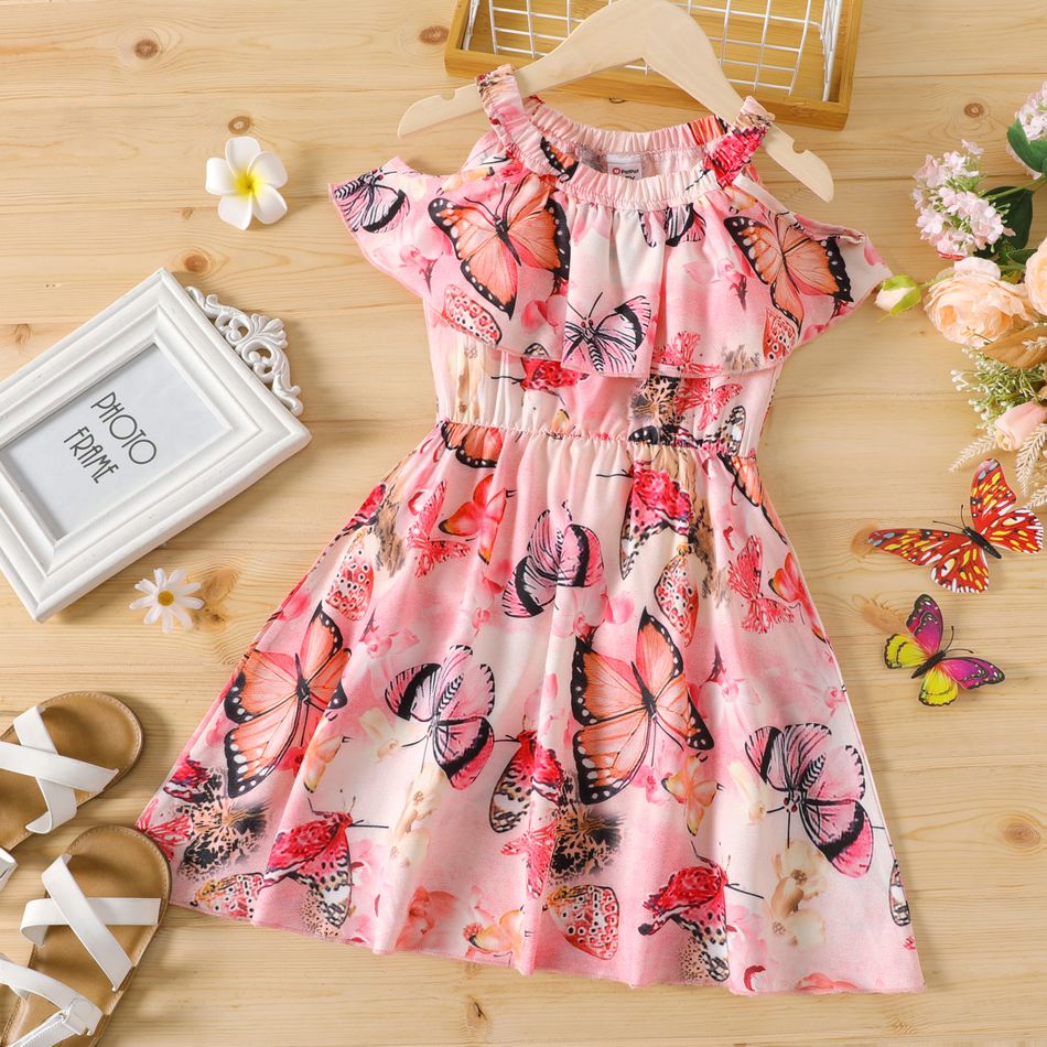 Kid Girl Floral Butterfly Print Cold Shoulder Sleeveless Dress Pink