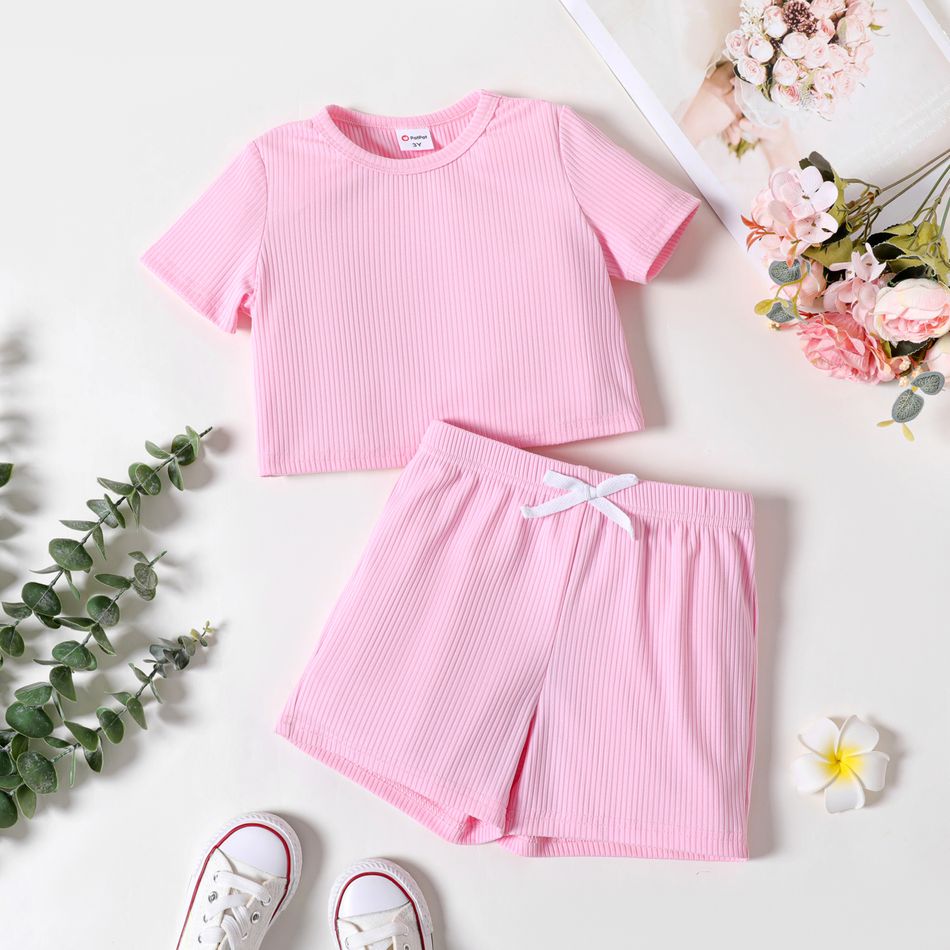 2pcs Toddler Girl Basic Solid Color Ribbed Short-sleeve Tee Bowknot Design Shorts Set pink