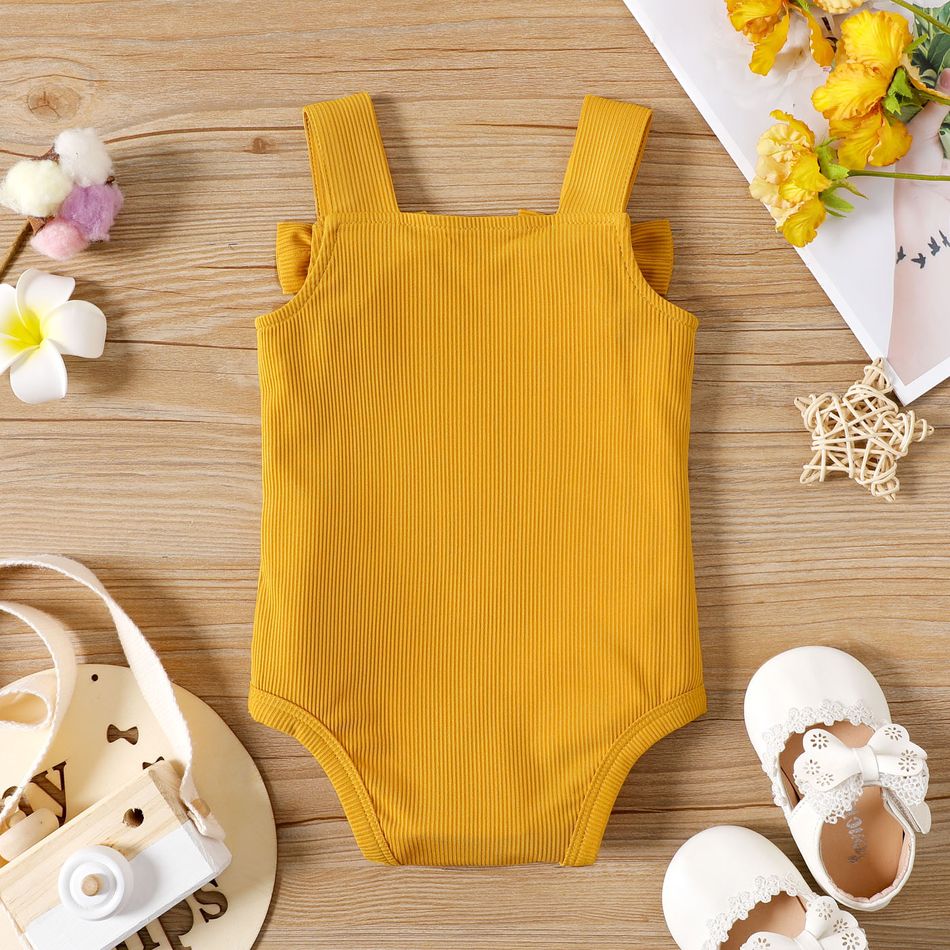 Baby Girl Solid Ribbed Knit Bowknot Cami Romper Ginger-2 big image 3