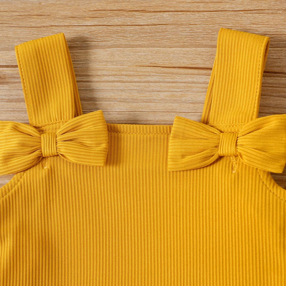 Baby Girl Solid Ribbed Knit Bowknot Cami Romper Ginger-2 big image 4