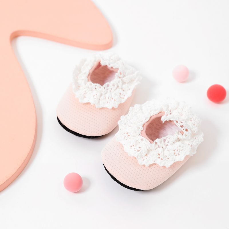 Baby Guipure Lace Trim Soft Sole Antiskid Floor Socks Pink
