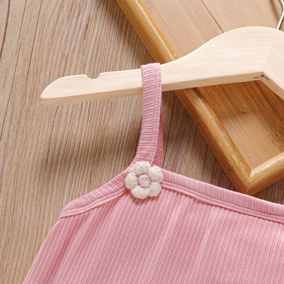 Toddler Girl Floral Design Solid Color Ribbed Camisole Pink big image 4