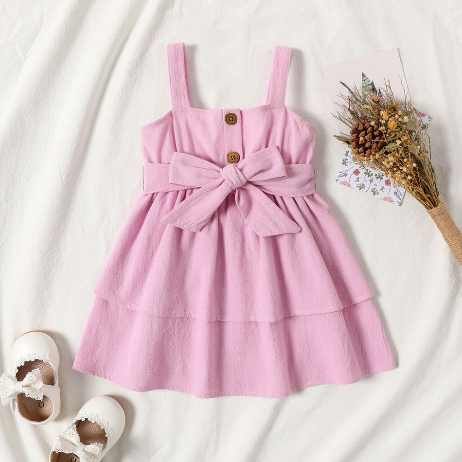 100% Cotton Baby Girl Solid Sleeveless Button Up Belted Layered Dress pinkpurple