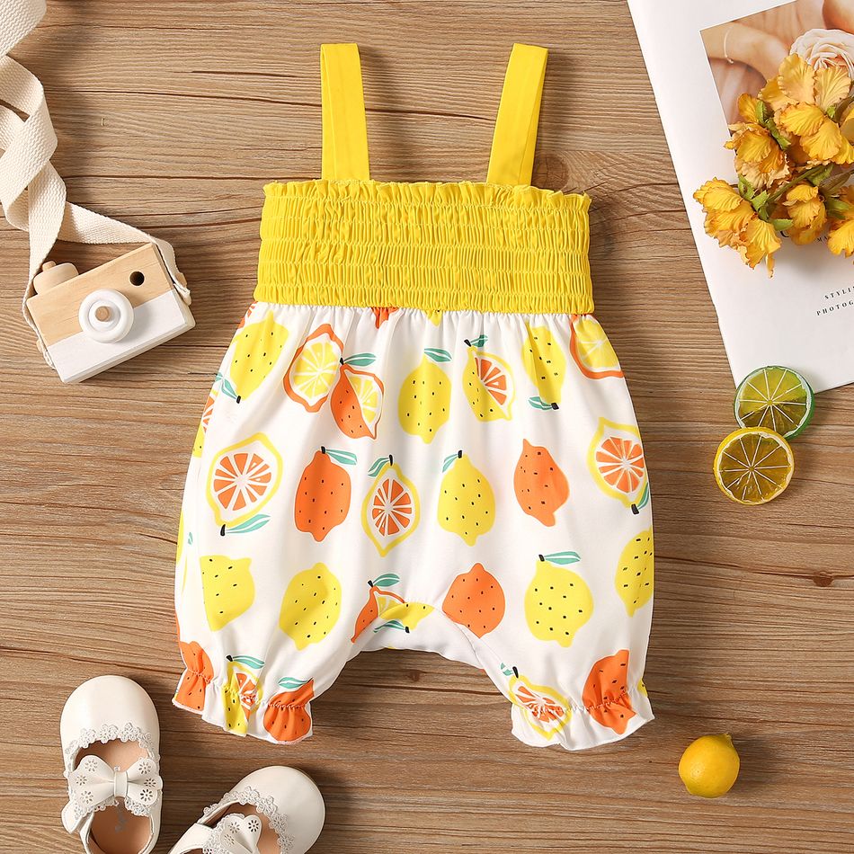 Baby Girl Solid and All Over Lemon Print Bow Front Shirred Cami Jumpsuit Color block big image 2